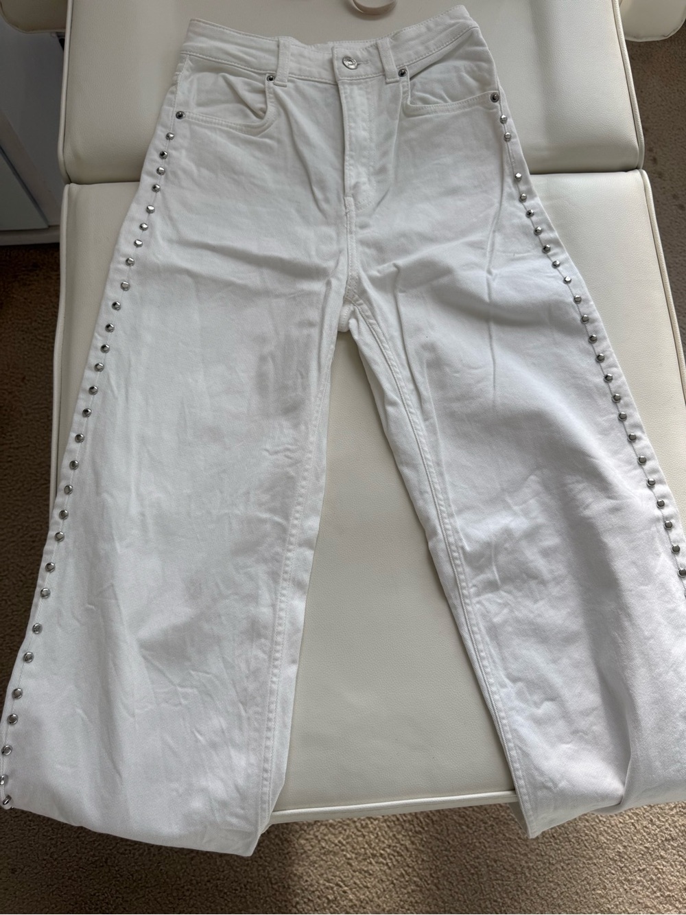 High-Rise White Women’s Jeans with Side Stud Detail